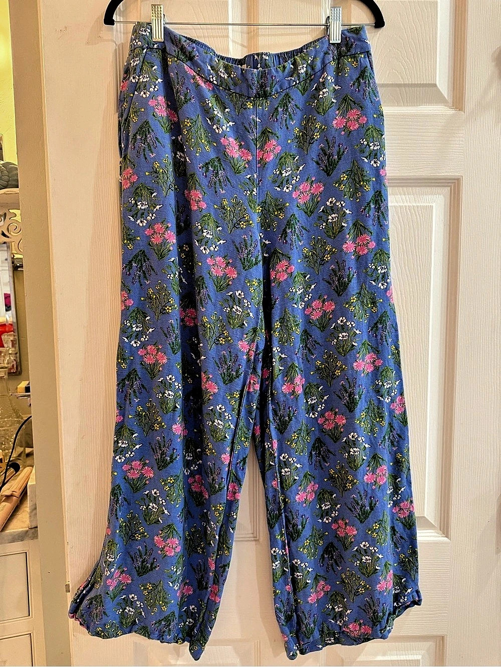 LOFT Floral Wide Leg Linen Pants in Blue Size Medium